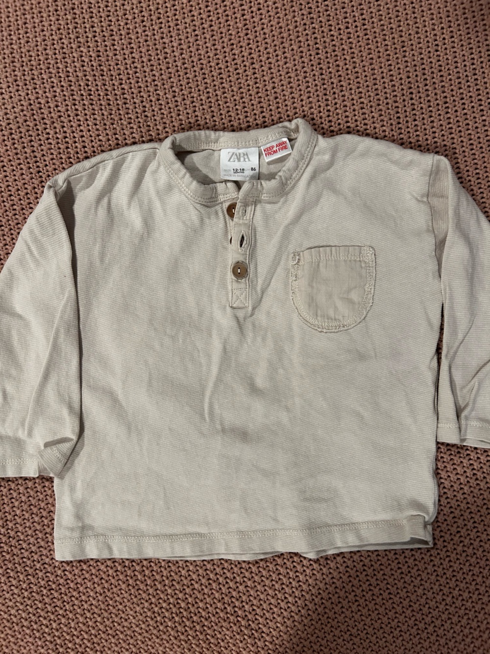 Zara Baby Boys Beige Henley Shirt 12-18M 86 Long Sleeve Pocket Top